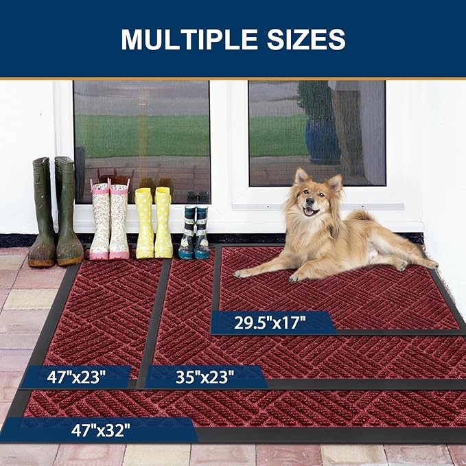 Smiry Front Door Mat Outside Entrance, Heavy Duty Outdoor Indoor Natural Rubber Doormat, Non Slip, Trap Dirt and Moisture, Easy Clean, Low Profile Patio Porch Entryway Mat, 29.5x17, Wine Red