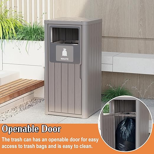 Outdoor Single Barrel Trash Can,Waterproof Resin Garbage Can with Garbage Labels,Durable Waste Bin for Porch, Backyard,Kitchen,for 30 to 39 Gallon Trash Bags
