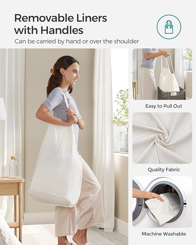 SONGMICS 130L Clothes Hamper with Lid, 2 Removable Liner Bags, 6 Mesh Bags, Wicker, Double Laundry Basket for Bathroom, 13 x 26 x 23.6 Inches, Gray ULCB253G01