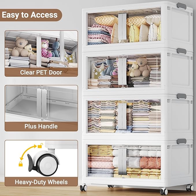 BROVIEW 480QT Stackable Storage Bins with Lids, 120Gal Extra Large Collapsible Storage Box with Wheel, Plastic Storages with Clear Door Open Front for Home Kitchen Garage, White-3pack(3 lids)