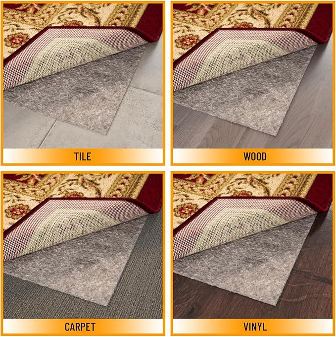 Ottomanson 8' x 10' Non-Slip Rug Pad Gripper 1/4 Inch Thick Dual Surface Felt + Rubber Gripper - Safe for All Floors, Brown