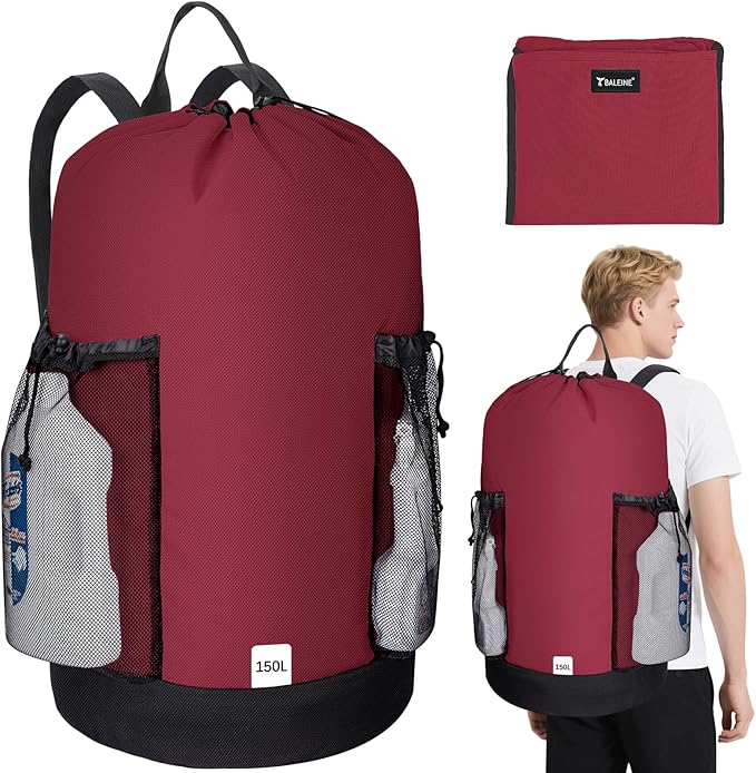 BALEINE 150L Laundry Bag Backpack, 900D Oxford Fabric Large Travel Laundry Bags with Shoulder Straps and 2 Mesh Pockets for College Dorm, Apartment, Laundromat (Red, 150L) ﻿