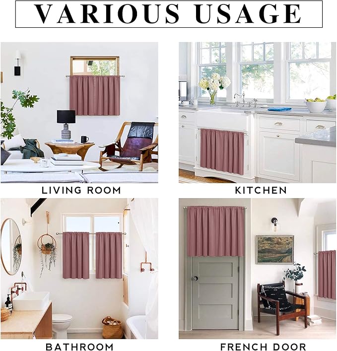 RYB HOME Kitchen Curtains Blackout - Small Window Curtains Thermal Insulated Blackout Privacy Drapes for Kids Nursery Bedroom Basement Cafe Tier, W 52 x L 36, Dusty Rose, 2 Panels