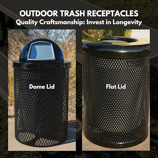 COATEDOUTDOORFURNITURE RDT-BLK Heavy Duty 32 Gallon Round Trash Receptacle, Liner Included, Black with Dome Lid, Made in America