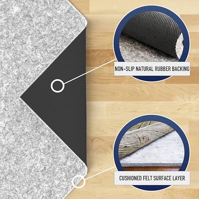 RUGPADUSA - Dual Surface - 8' Square - 1/4" Thick - Felt + Rubber - Non-Slip Backing Rug Pad - Safe for All Floors