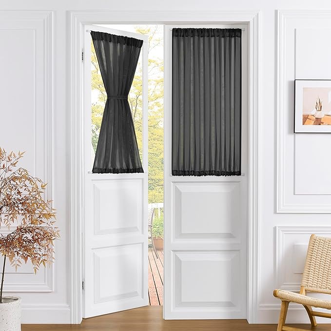 Tollpiz Sheer Linen Textured Curtain Sheers Doorway Light Filtering Voile French Door Rod Pocket Curtains Patio Glass Door, 54 x 63 inches Long, Black, Set of 1 Panel