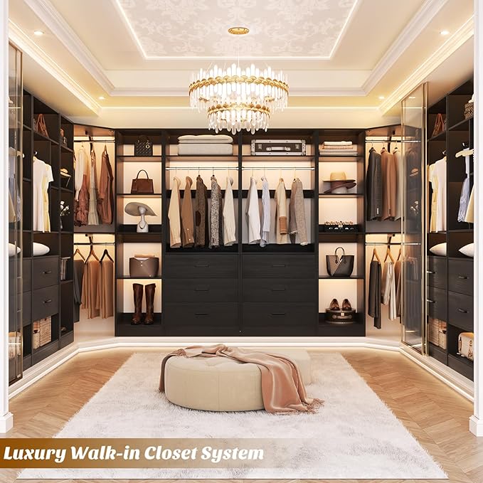 Corner Closet System with 3 Drawers, Corner Closet Organizer System with 13 Shelves & 3 Hanging Rods, 63.2"L * 39.2"W Reversible L Shaped Walk-in Closets, Load 2000+LBS, Black