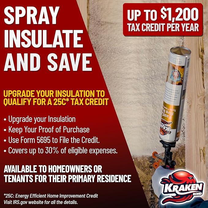 Kraken Bond Fastcoat Fire Rated Spray Foam Insulation Kit Closed Cell in a Can 120 sq ft (6x27.1 oz.) (R-Value 11.32 / 2in) - Spray Foam for Garage Door, Attic, Wall Gun & Cleaner Included, 6 Pack