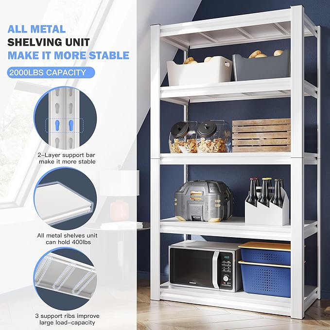 Raybee Garage Shelving Heavy Duty 2000LBS Storage Shelves 5 Tier Metal Shelving Unit White Metal Shelves Pantry Shelf for Kitchen Closet Basement Warehouse 4 Pack