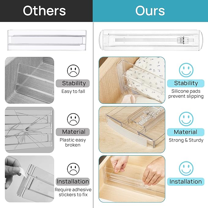 Vtopmart 8 Pack Drawer Dividers for Clothes, 4" High 10.2"-16.6" Adjustable Expandable Dresser Drawer Organizer, Clear Plastic Separators for Dresser, Baby Clothing, Underwear, Cosmetic, Toiletries