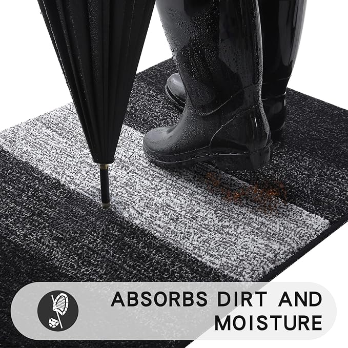Kitinjoy Indoor Outdoor Door Mat, 48x32 Non-Slip Absorbent Dirt Trapper, Low-Profile Washable Inside Entrance Front Floor Mat, Sturdy Soft Entry Doormats for Entryway, Black