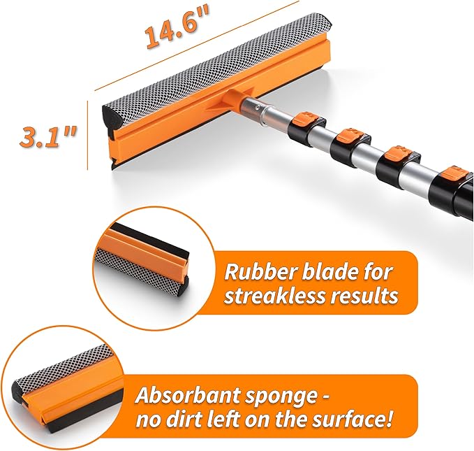 5-18 ft Window Washer Squeegee Kit with Extension Pole (24+ Foot Reach) // Long Handle Squeegee for Window Cleaning & Car Cleaning Multi-Use//Telescopic Professional Window Cleaning Squeegee for Home