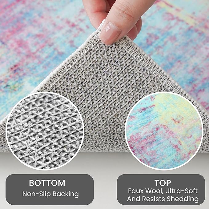 IOHOUZE Abstract Runner Rug 3x8 Ft Washable Runners for Hallways, Non Slip Kitchen Runner Printed Faux Wool Entryway Runner Indoor, Modern Abstract Floor Carpet for Hall Kitchen Bedroom, Pink Teal