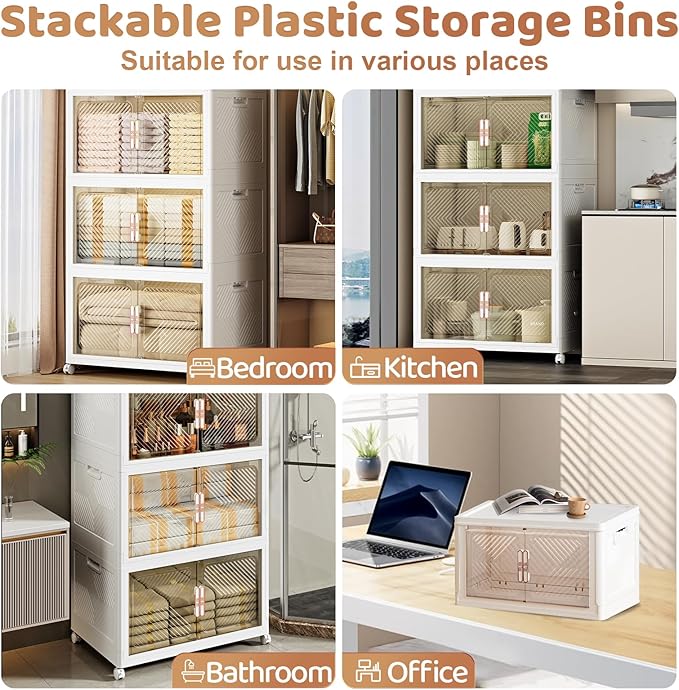 Storage Bins with Lid 48QT, Stackable Storage Containers with Wheels and Magnetic Doors, Plastic Clothes Closet Organizers and Storage Box for Pantry, Home and Office (4 Pack)
