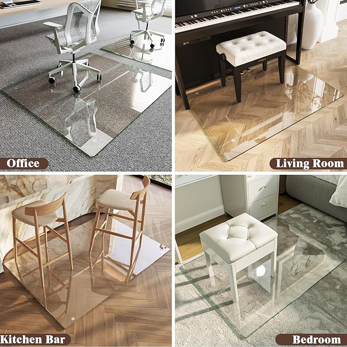 Koonmi Tempered Glass Chair Mat 60"x48" - Premium Office Chair Mat for Hardwood Floors & Low-Pile Carpet with 4 Non-Slip Pads - Thick Scratch-Resistant Surface