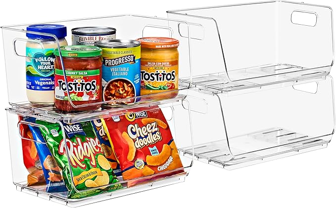 Sorbus Stackable Storage Bins Open Front - Clear Stackable Storage Bins - Pantry Bins for Storage and Organization - Acrylic Stackable Bins for Kitchen - Clear Pantry Organizer Bins (Small 4 Pack)