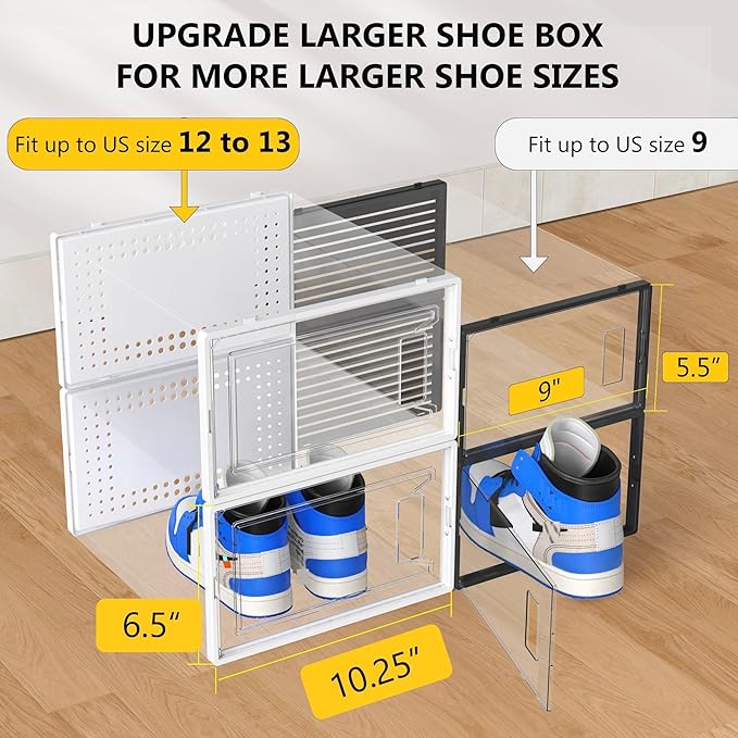 Secret Space 12 Pack XX Large Shoe Organizer Storage Boxes for Closet, Modular Space Saving Shoe Boxes Clear Plastic Stackable Sneaker Containers Display Case with Lids, Pearl White03