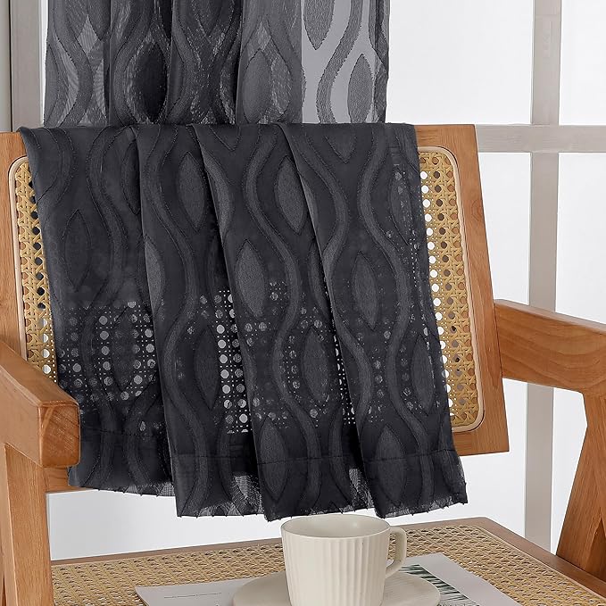 Aiyufeng Sheer Curtains 54 Inch Length 2 Panels, Soft Lightweight Clip Jacquard Textured Black Curtains for Bedroom Living Room, Modern Wavy Line Solid Voile Sheer Drapes, 40" Wx54 L Inches