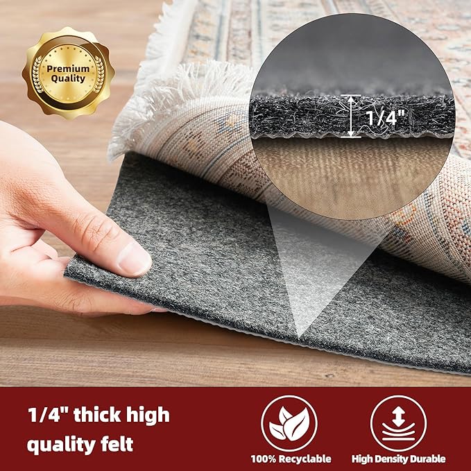 BAGAIL Felt and Natural Rubber Backing Rug Pads 1/4” Thick, Round 8 Ft Non Slip Carpet Gripper Keep Rugs in Place, Under Area Rug Protective Cushioned Pads, Carpet Runners, Hardwood Floors Protection