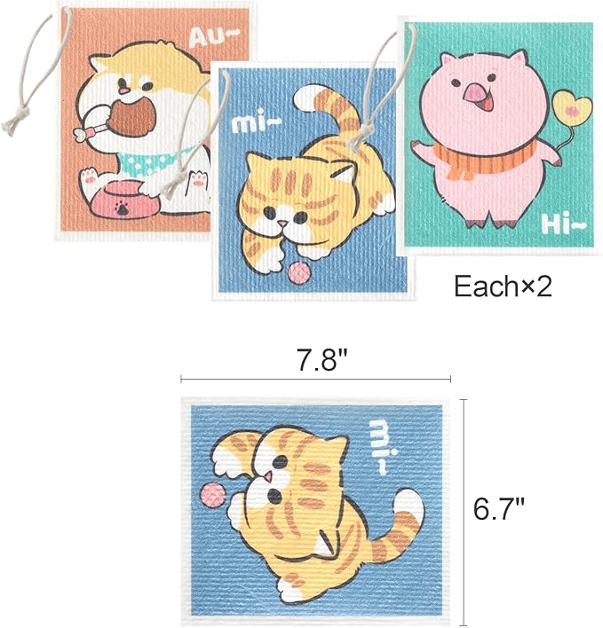 JOYMOOP Cartoon Cellulose Cleaning Cloth, Reusable Absorbent Dish Towels, Non-Scratch Washable Rags for Cookware, Kitchen and Household Cleaning - 6pcs, 6.7×7.9inch