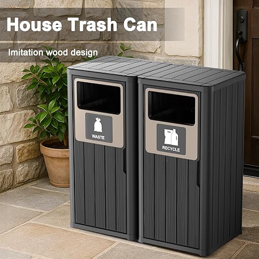ROJIK 35" Tall Outdoor Trash Can,Weatherproof Resin Garbage Indoor Durable Lightweight,Suitable for Patio Office Kitchen,Easy to Clean,Assemble(Waste&Recycle, Black)