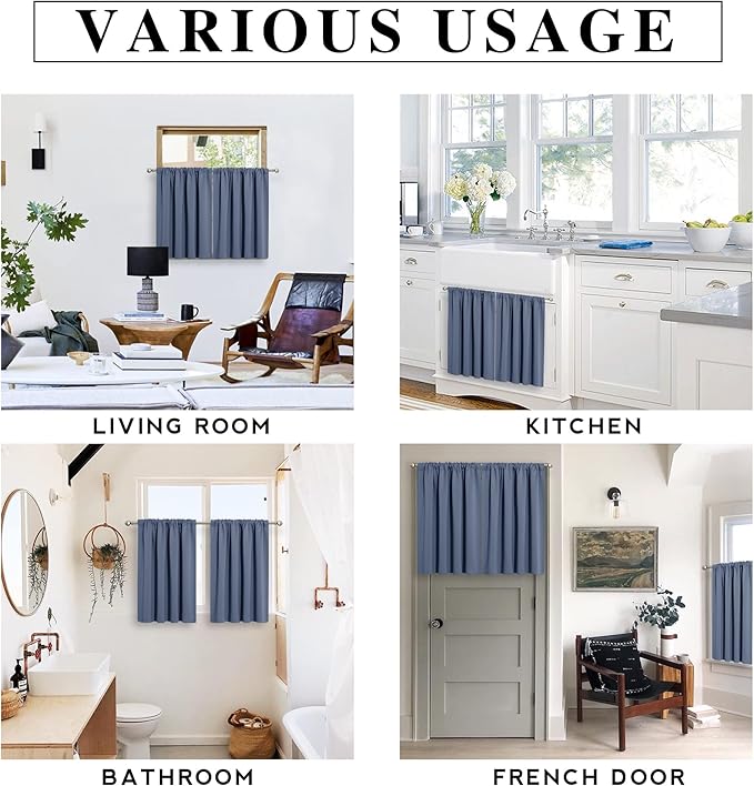 RYB HOME Small Window Curtains Blackout - Privacy Energy Saving Insulating Curtains Blinds for Bedroom Bathroom Basement Kids Nursery Kitchen, W 34 x L 48 inches, Stone Blue, 2 Panels