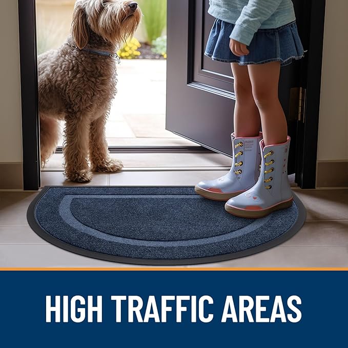 OLANLY Half Circle Door Mat Indoor Outdoor Entrance Welcome, Waterproof All-Season, All-Weather Doormat, Sturdy Natural Rubber, Low Profile, Easy Clean Patio Porch Entryway Mat, 47x23, Blue