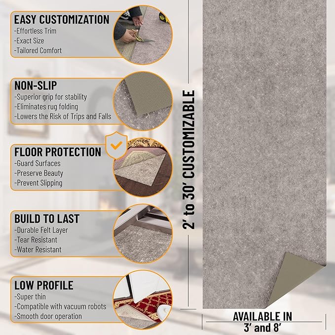 Ottomanson 8' x 10' Non-Slip Rug Pad Gripper 1/4 Inch Thick Dual Surface Felt + Rubber Gripper - Safe for All Floors, Brown