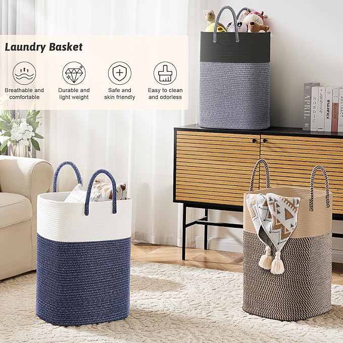 Laundry Basket,Woven Cotton Rope Laundry Hamper,Versatile Storage for Dirty Clothes,Baby Toys,and Blankets in Bathroom, Nursery,and Living Room (Blue, 100L)