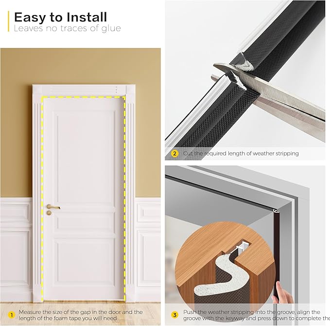 Weather Stripping Door Seal Strip - Soundproof Q-Shaped Foam for Exterior Door Frame, Large Gap Seal, Noise Cancelling, Easy to Install (Black, 60FT)