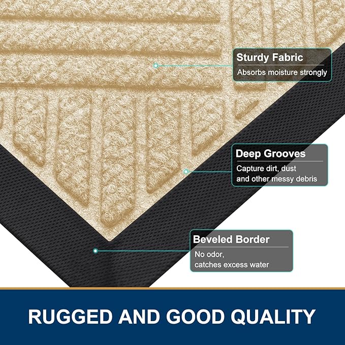 Smiry Front Door Mat Outside Entrance, Heavy Duty Outdoor Indoor Natural Rubber Doormat, Non Slip, Trap Dirt and Moisture, Easy Clean, Low Profile Patio Porch Entryway Mat, 35x23, Beige
