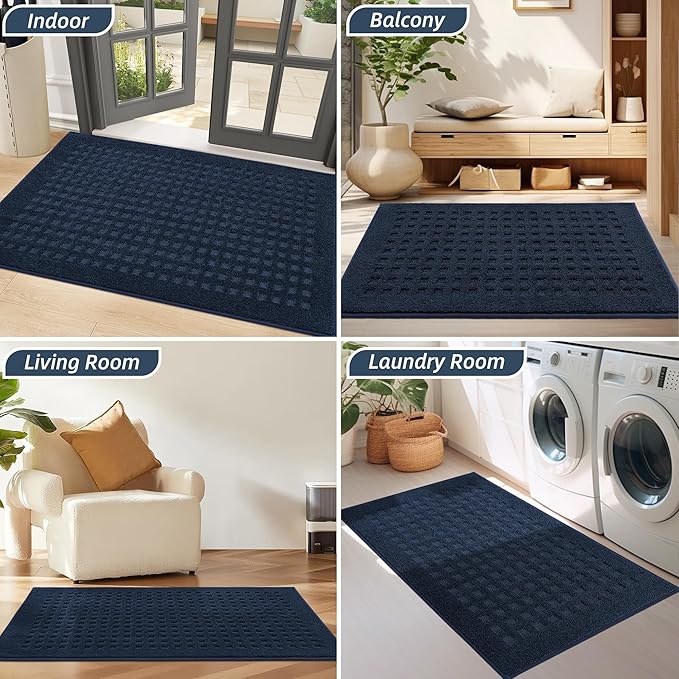 BEQHAUSE Waffle Door Mats Indoor 24"x36", Dog Mat for Muddy Paws Absorbent and Dirt Resist Floor Mats Non-Slip Washable Rugs for Entryway, Welcome Mat for Front Back Door, Muddy Wet Shoes, Navy Blue