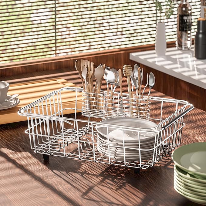 304 Stainless Steel Utensil Holder, Dish Drying Rack, kitchen Utensil Organizer, Knife and Fork Drainage Rack, Kitchen Drainage Basket Accessories, With Hooks, Rust Proof, Color-Silver