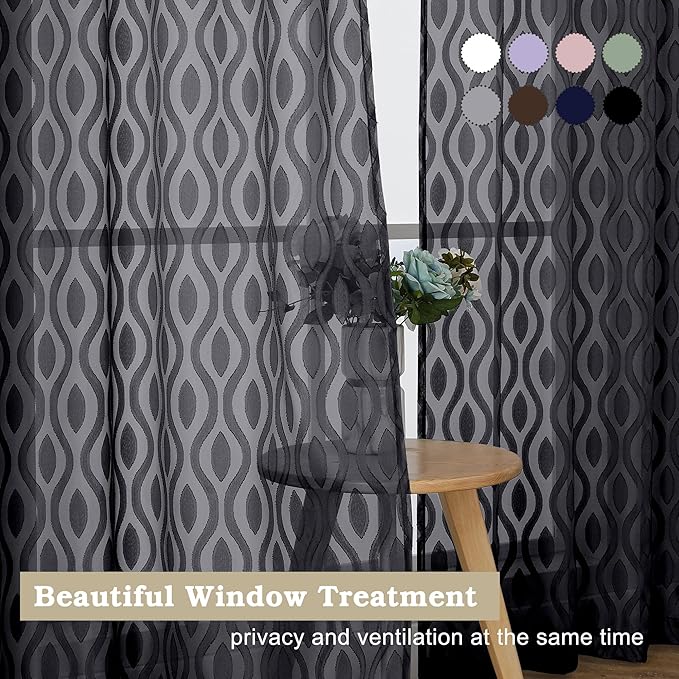 Aiyufeng Sheer Curtains 54 Inch Length 2 Panels, Soft Lightweight Clip Jacquard Textured Black Curtains for Bedroom Living Room, Modern Wavy Line Solid Voile Sheer Drapes, 40" Wx54 L Inches