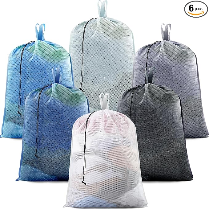 6 Pack 24 x 36 Inches Blue Mesh Laundry Bag with Handles Machine Washable Secure Drawstring Closure Large Sturdy Mesh Net Laundry for College Travel Dorm Laundromat