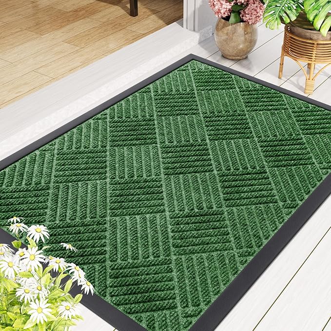 Smiry Front Door Mat Outside Entrance, Heavy Duty Outdoor Indoor Mat, Natural Rubber Doormat, Non Slip, Trap Dirt and Moisture, Easy Clean, Low Profile Patio Porch Entryway Mat, 35x23, Green