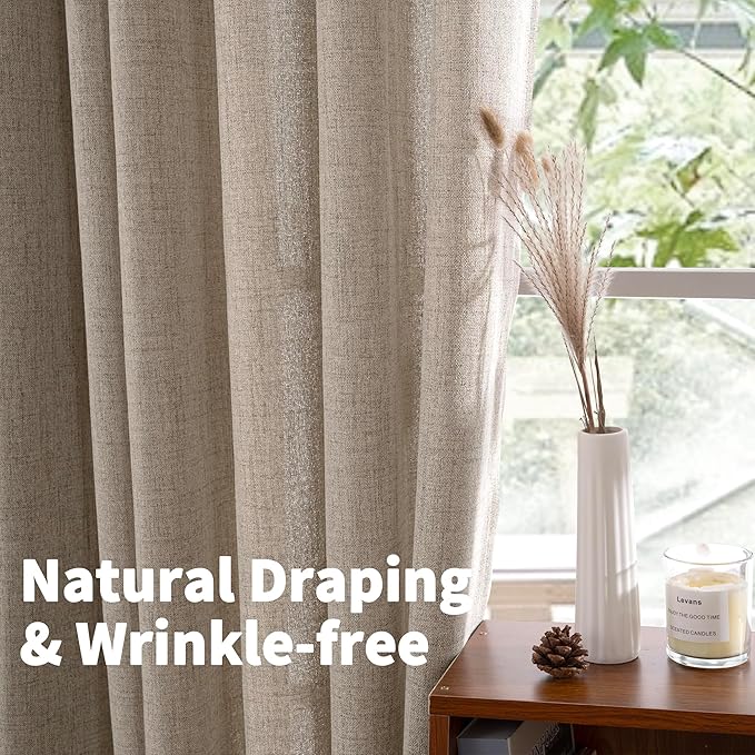 YoungsTex Dark Oatmeal Linen Semi Sheer Curtains 2 Panels for Living Room - Tan Window Drapes Light Filtering with Back Tab Rod Pocket Privacy for Farmhouse Bedroom, 52 X 72 Inch