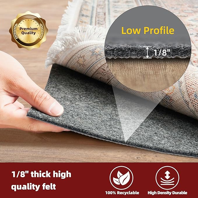 BAGAIL Felt and Natural Rubber Backing Rug Pads 1/8” Thick, 10 x 14 Ft Non Slip Rug Gripper Keep Rugs in Place, Under Area Rug Protective Cushioned Pads, Carpet Runners, Hardwood Floors Protection