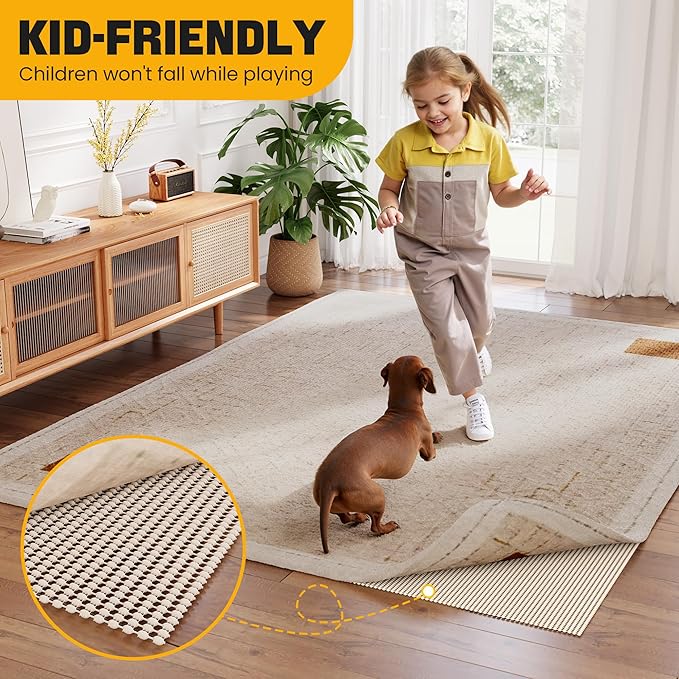 Non-Slip Rug Pad Gripper 5x7 Feet, Anti Skid Mat for Under Area Rugs, Keeps Rugs in Position and Safe, Thick Cushioned Carpet Pad for Hardwood Floors Protection