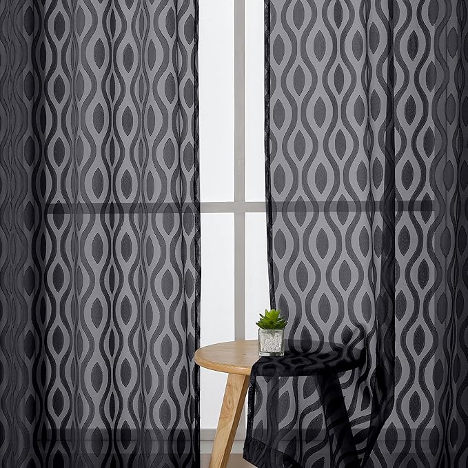 Aiyufeng Sheer Curtains 54 Inch Length 2 Panels, Soft Lightweight Clip Jacquard Textured Black Curtains for Bedroom Living Room, Modern Wavy Line Solid Voile Sheer Drapes, 40" Wx54 L Inches