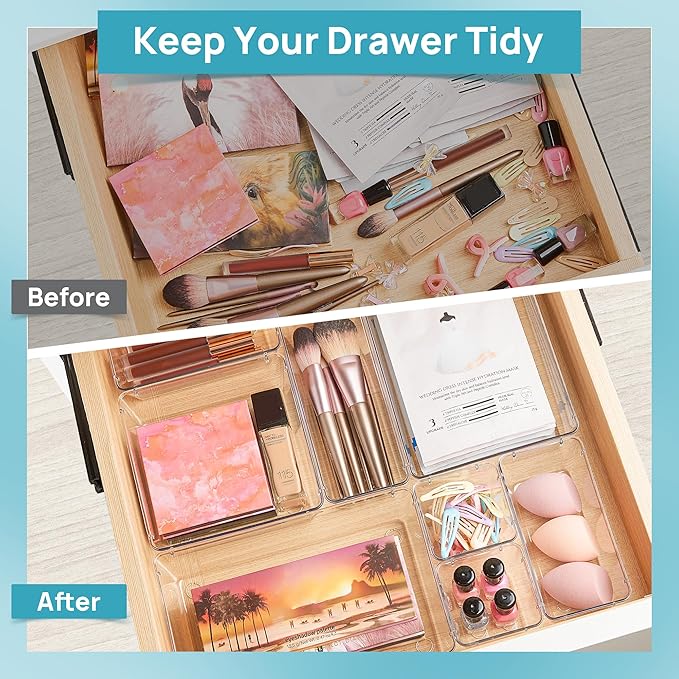 Vtopmart 15 PCS Clear Plastic Drawer Organizers Set, 4-Size Versatile Bathroom and Vanity Organizer Trays, Non-Slip Storage Containers for Makeup, Jewelries, Bedroom，Kitchen Utensils and Office