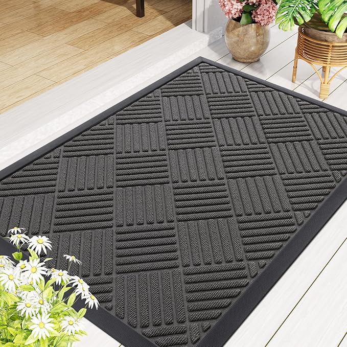 Smiry Front Door Mat Outside Entrance, Heavy Duty Outdoor Indoor Natural Rubber Doormat, Non Slip, Trap Dirt and Moisture, Easy Clean, Low Profile Patio Porch Entryway Mat, 47x17, Grey
