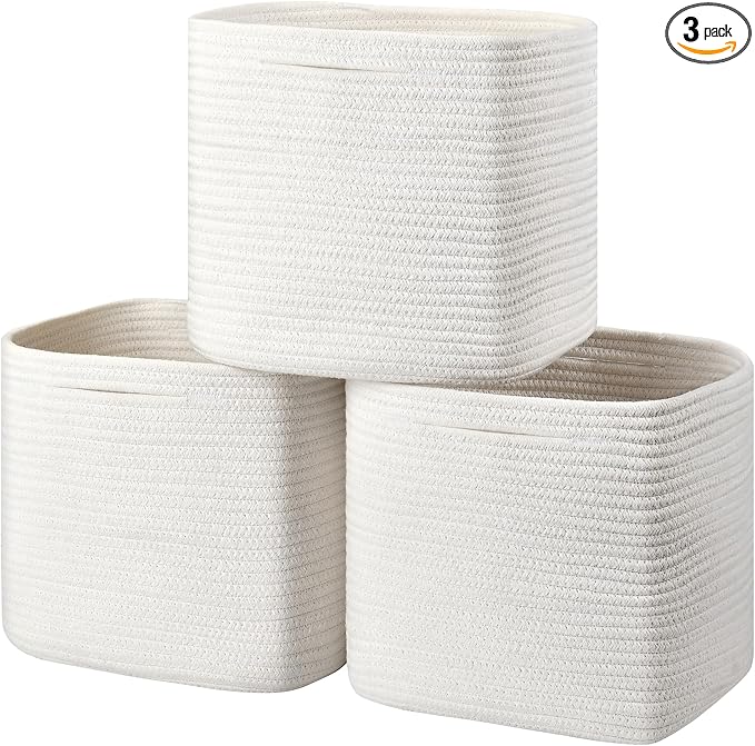 3 Pack Storage Cubes 11 Inch Cotton Rope Woven Baskets for Organizing Cube Bin Square Shelves Organizer,Classroom,Kids Toy Bins,Closet,Baby Nursery(Creamy White)