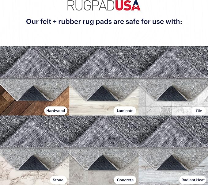 RUGPADUSA - Dual Surface - 5'x7' - 3/8" Thick - Felt + Rubber - Enhanced Non-Slip Rug Pad - Adds Comfort and Protection - for Hard Surface Floors